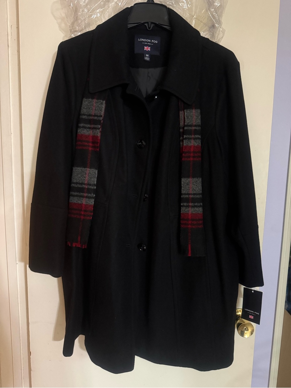 London Fog Black Coat with Union Jack Label Wool and Scarf